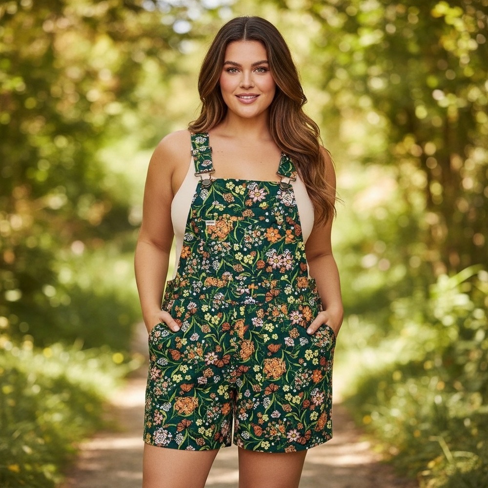 Duluth Trading Heirloom Gardening Short Overalls 2X Green Floral Butterfly New